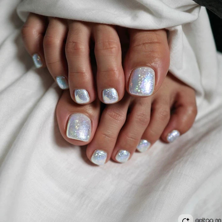 Celestial Magic Short Square Press On Toenail Set Shimmering Frosted Blue Glitter Finish