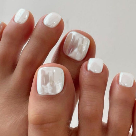 Whimsical Elegance Short Square Long White Toenail Set with Iridescent Shine