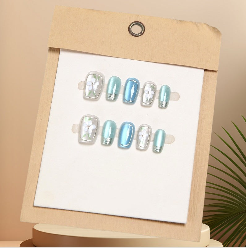 Blossom Dreams Short Square Aqua and Teal Press On Nail Set with Floral Accents