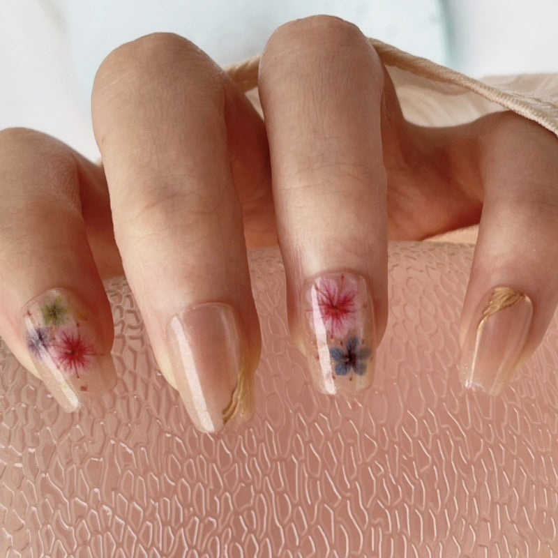Floral Fantasy Medium Square Transparent Nails with Colorful Petal Art