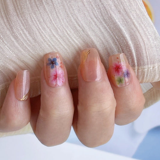 Whimsical Blossom Press On Nail Set Medium Square Transparent with Floral Accents