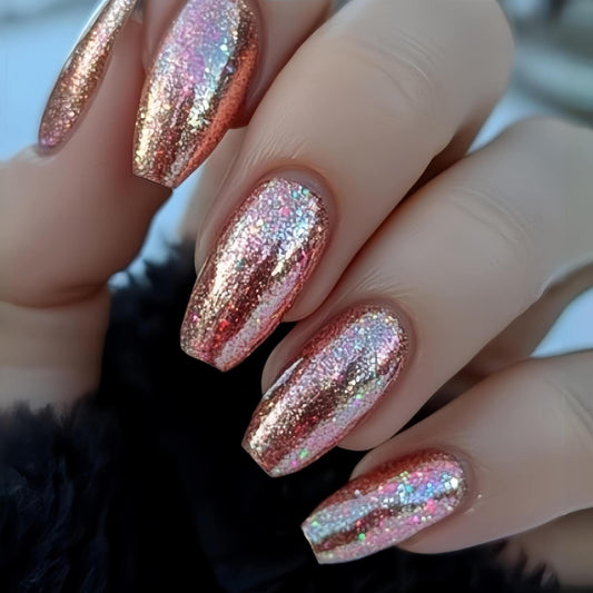 Sparkling Elegance Medium Coffin Rose Gold Glitter Press On Nail Set