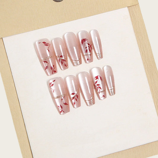 Whimsical Blossom Press On Nail Set Long Coffin Pink with Delicate Floral Accents