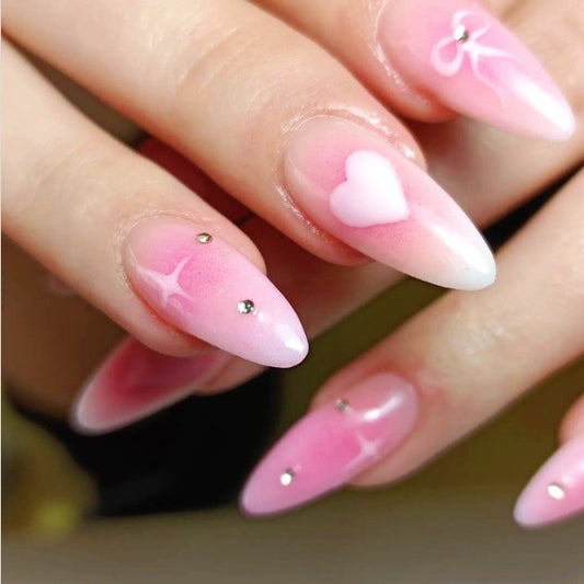 Charming Romance Long Almond Pink Press On Nail Set with Heart and Gem Accents
