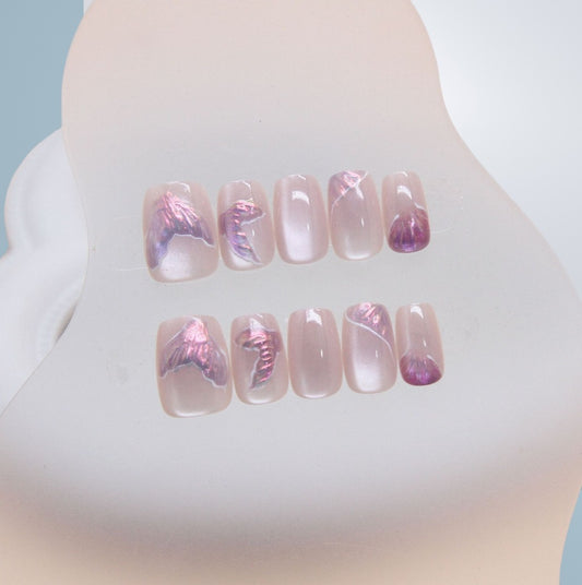 Ethereal Elegance Medium Square Soft Pink Press On Nail Set with Stunning Iridescent Accent Design