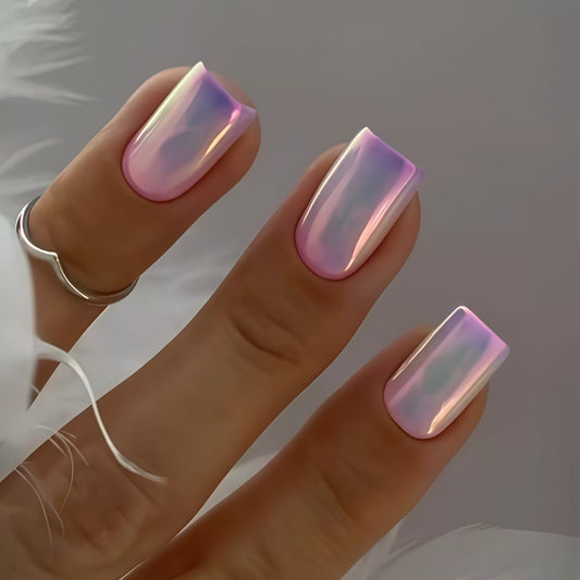Dreamy Iridescent Medium Square Press-on Nail Set in Glossy Pink with Stunning Color Shift Finish