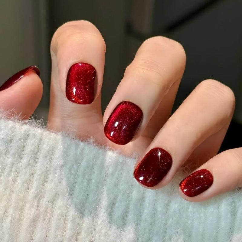Glamorous Short Square Burgundy Glitter Press On Nail Set