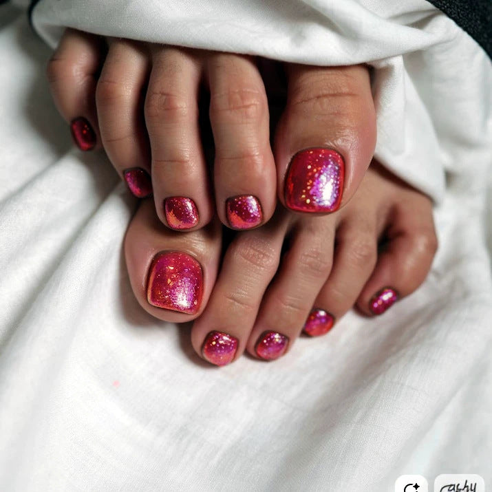 Glamorous Sparkle Short Square Press on Toenail Set in Radiant Pink with Glittering Shine