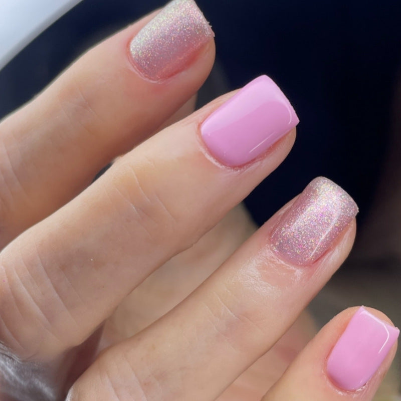 Whimsical Pastel Medium Square Glossy Pink Nails with Sparkling Accent