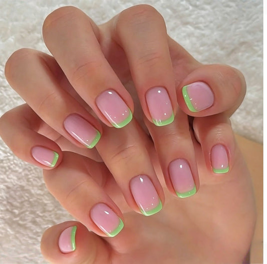 Refreshing Garden Inspired Short Square Pink and Green Glossy Press On Nail Set with Stylish French Tips
