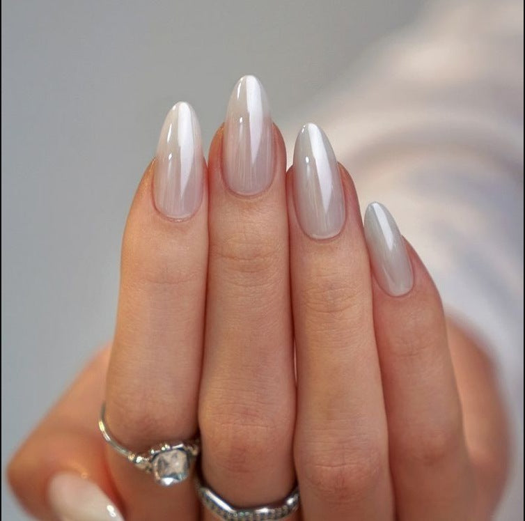 Elegant Whisper Medium Almond Shaped Glossy White Press On Nail Set with Subtle Ombre Finish