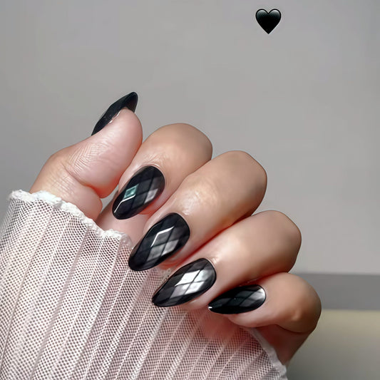 Gothic Elegance Long Almond Black Press On Nail Set with Stunning Diamond Finish