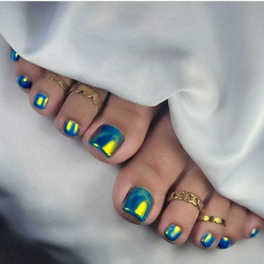 Glamorous Oceanic Short Square Electric Blue Metallic Press on Toenail Set