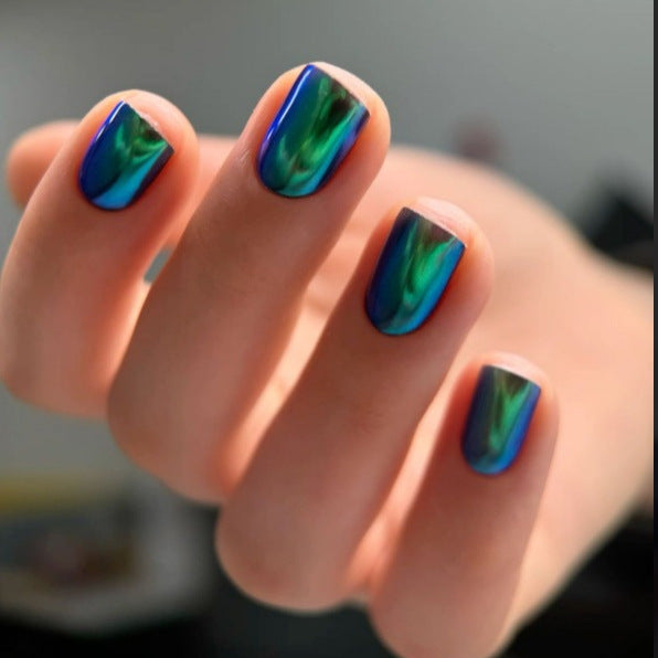Galactic Glamour Short Square Blue and Green Iridescent Press on Nail Set