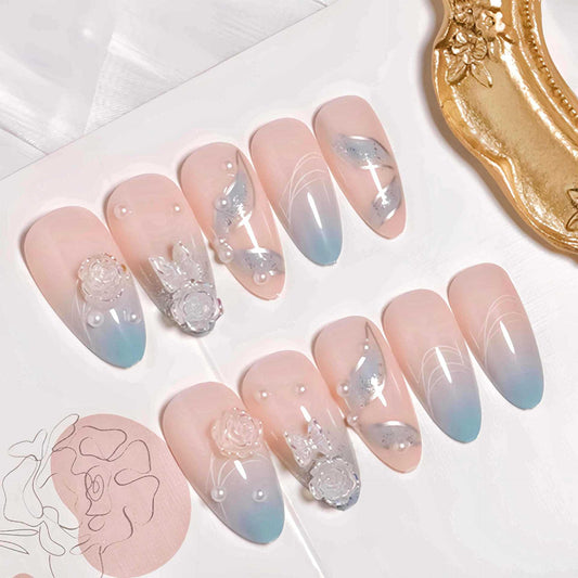 Whimsical Garden Medium Almond Pink and Blue Ombre Press On Nail Set with Floral Accents and Pearls