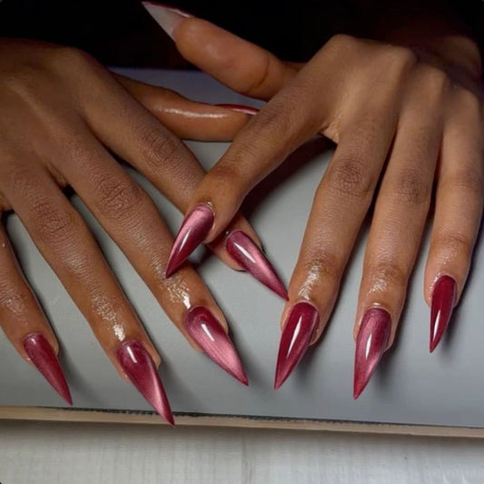 Glamorous Stiletto Long Red Ombre Nail Set with Glossy Finish