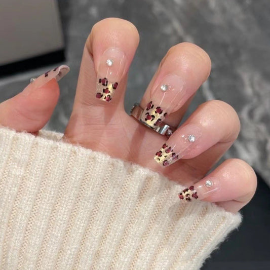 Savannah Chic Medium Coffin Clear with Leopard Print and Sparkling Gems Press on Nail Set