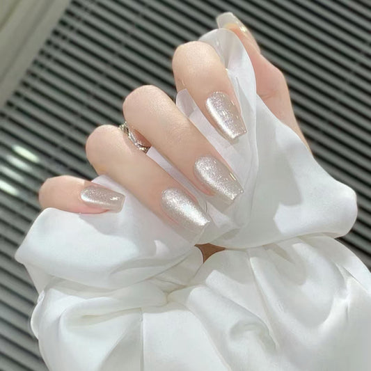 Glamorous Silver Sparkle Coffin Long Press On Nail Set with Iridescent Glitter Finish