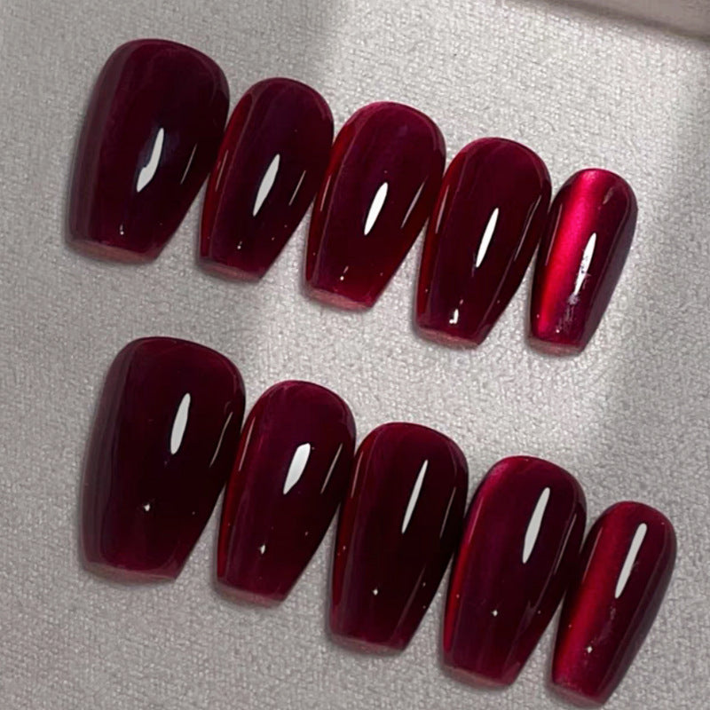 Glamorous Evening Theme Medium Coffin Burgundy Press On Nail Set with Iridescent Shine