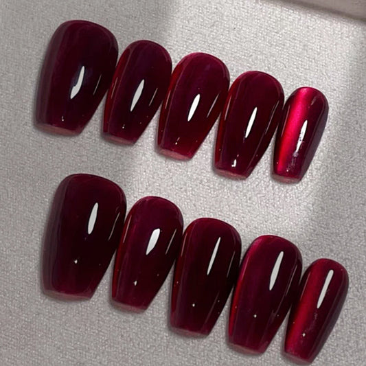 Glamorous Evening Theme Medium Coffin Burgundy Press On Nail Set with Iridescent Shine
