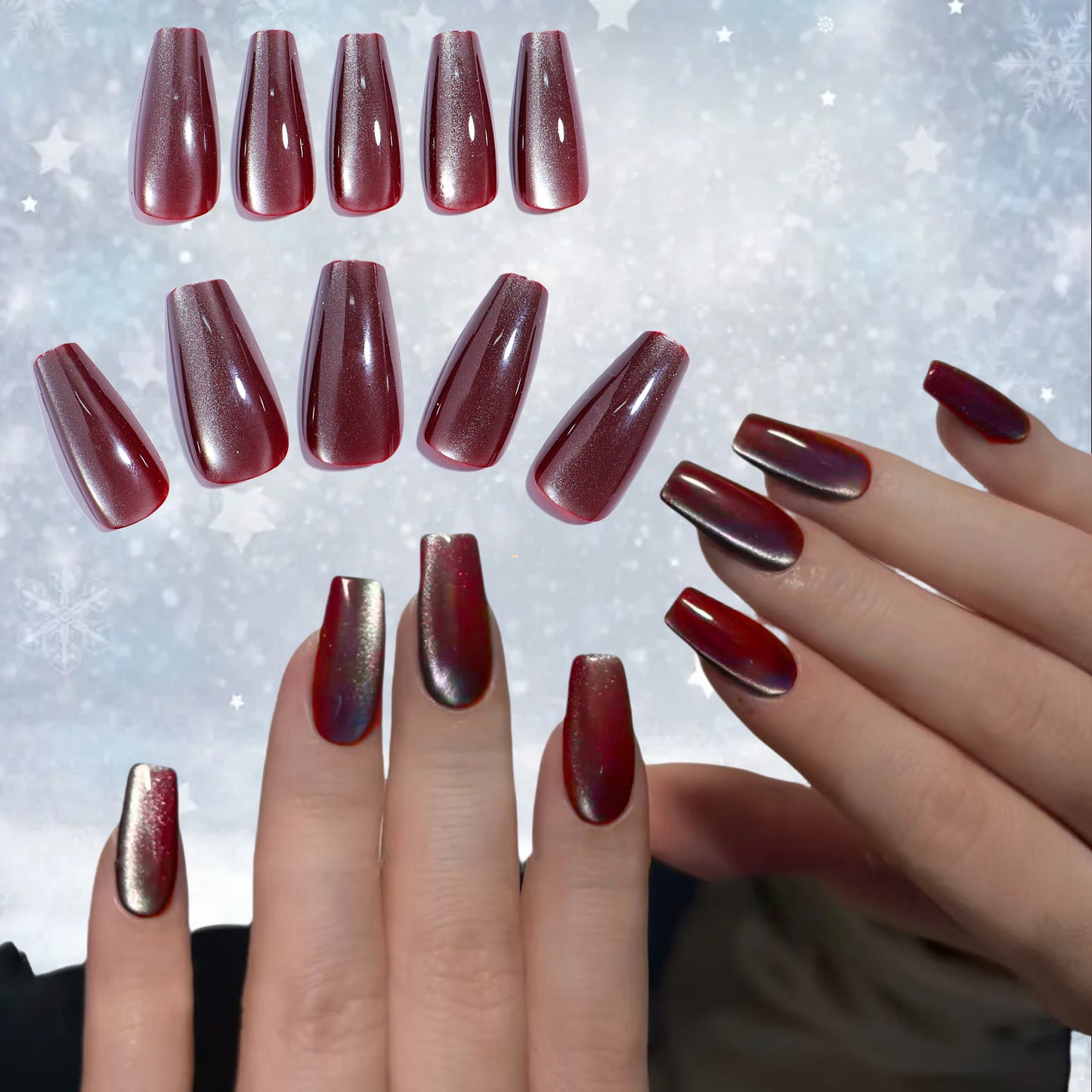 Winter Glamour Glossy Medium Coffin Burgundy Nail Set with Iridescent Shine