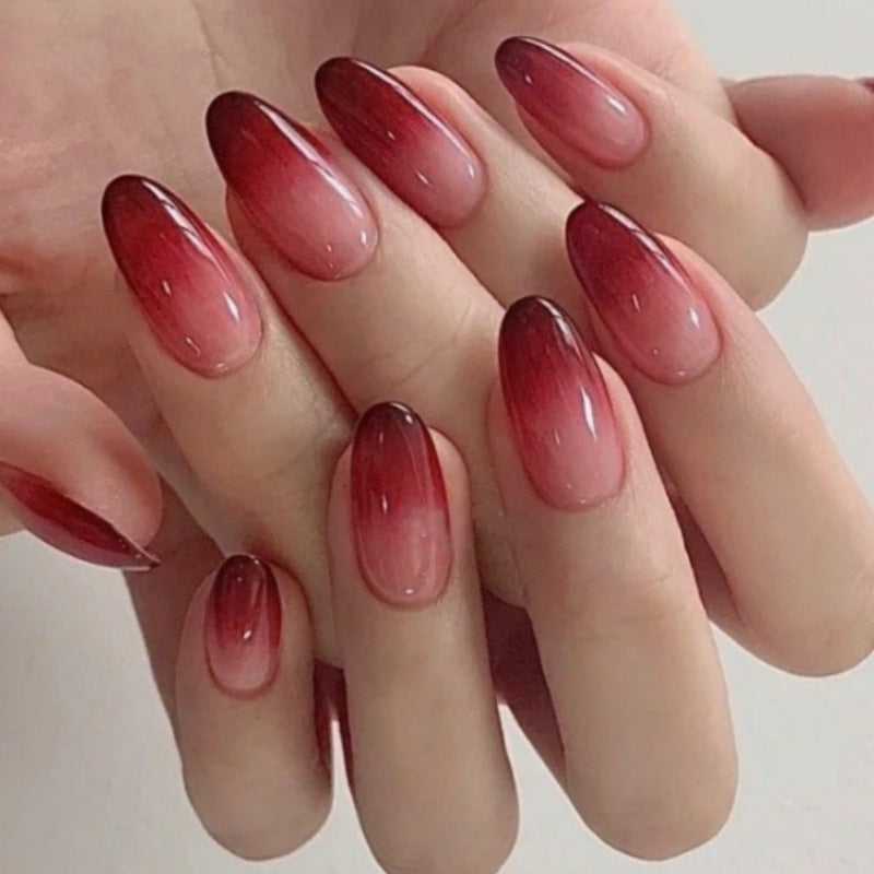 Enchanting Elegance Medium Almond Ombre Red with Glossy Finish Press On Nail Set