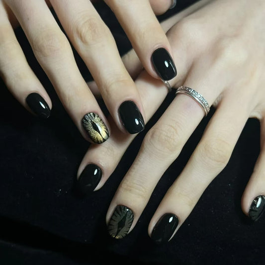 Mystical Noir Stylish Short Square Black and Gold Leaf Press On Nail Set