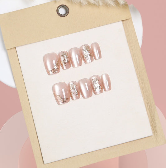 Elegant Blossom Dream Pink Short Square Shape Press On Nail Set with Floral Accent Design