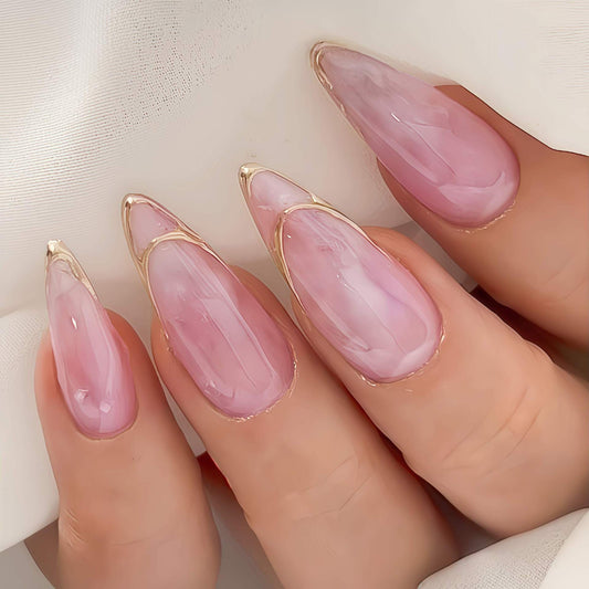 Glamorous Elegance Long Almond Pink Marble Press-On Nail Set with Gold Trim