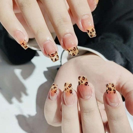 Wild Safari Stylish Medium Square Press On Nails in Natural Length and Transparent with Leopard Print Design