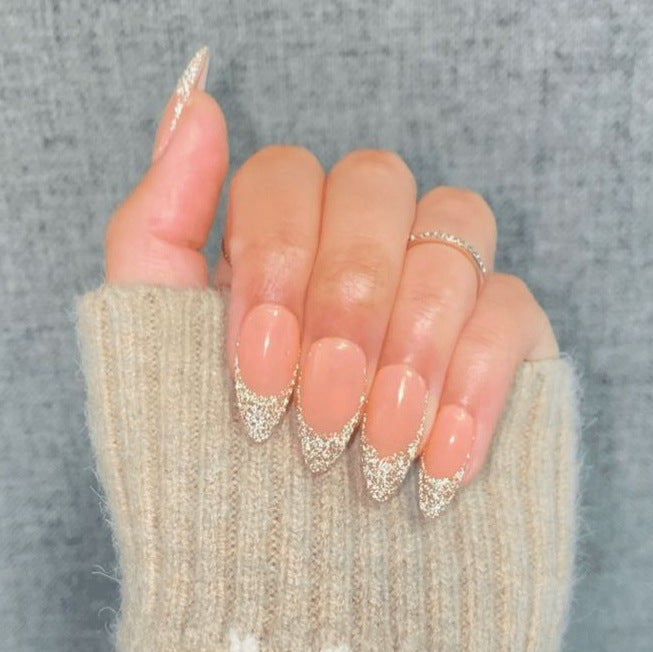 Glamorous Winter Wonderland Medium Almond Shaped Beige with Glitter Tips Press On Nail Set