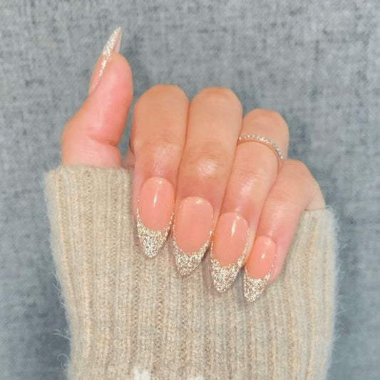Glamorous Winter Wonderland Medium Almond Shaped Beige with Glitter Tips Press On Nail Set