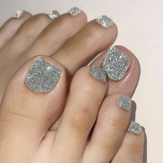 Sparkling Glamour Short Square Silver Glitter Toenail Set