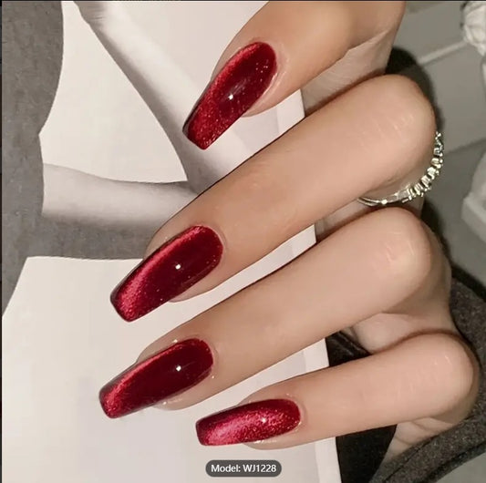 Enchanted Evening Long Coffin Burgundy Glitter Press On Nail Set