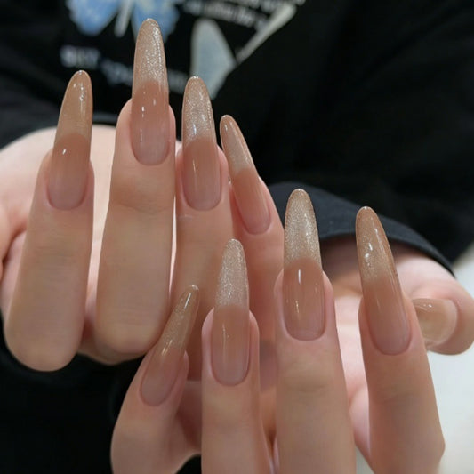 Glamorous Stiletto Long Beige Nails with Sparkling Ombre Finish