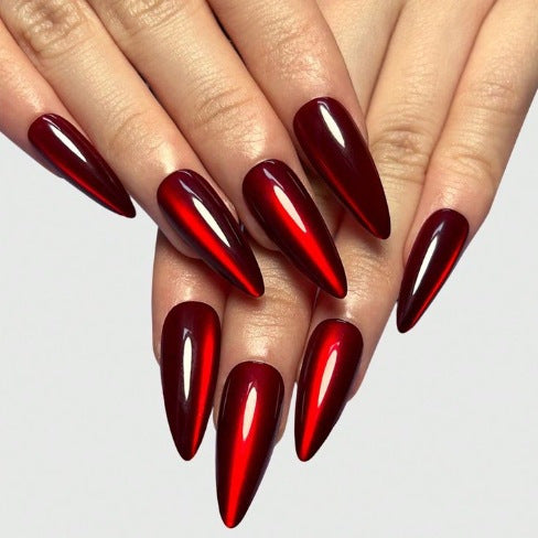 Vampire Kiss Long Stiletto Red Chrome Press On Nail Set with Stunning Reflective Finish