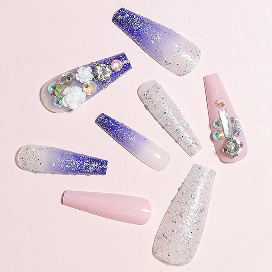 Dreamy Lilac Ombre Long Coffin Press On Nail Set with Glitter and Floral Accents