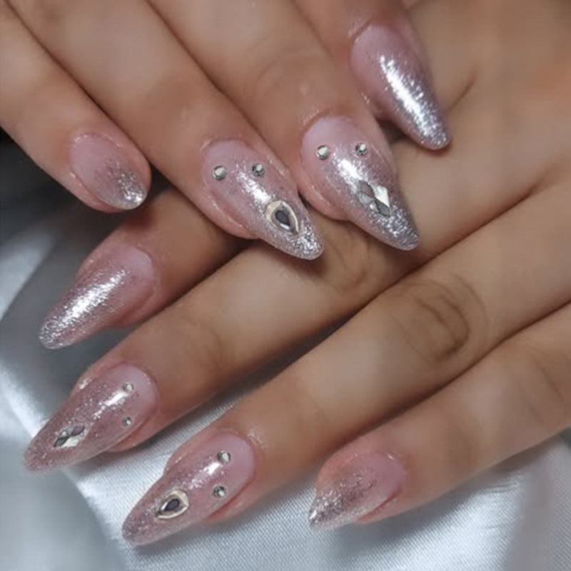 Glamorous Aurora Short Almond Shimmering Pink with Eye-Catching Rhinestone Accents Press On Nail Set