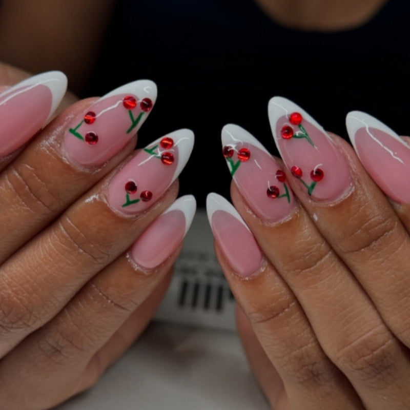 Cherry Blossom Fantasy Elegant Medium Almond Pink and White Press On Nail Set Featuring Dazzling Red Gem Accents