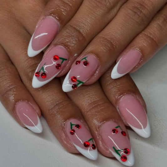 Cherry Blossom Glamour Long Almond Pink and White Press On Nail Set with Embellished Cherry Design
