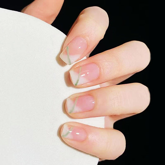 Garden Bliss Medium Square Beige Press On Nail Set with Green Accent Lines for Effortless Elegance