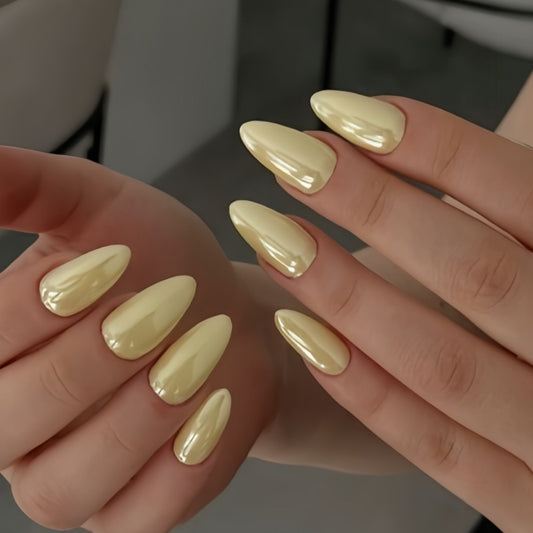 Golden Romance Medium Almond Press On Nail Set with Stunning Glossy Finish
