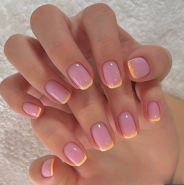 Radiant Sunrise Short Square Press On Nail Set in Soft Pink with Chic Yellow Tips and Glossy Finish