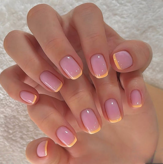 Radiant Sunrise Short Square Press On Nail Set in Soft Pink with Chic Yellow Tips and Glossy Finish