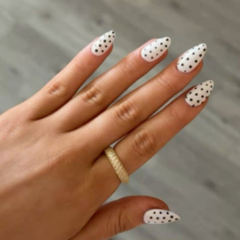 Chic Dotted Elegance Long Almond White Press On Nail Set with Striking Black Polka Dots