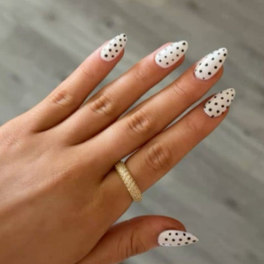 Chic Dotted Elegance Long Almond White Press On Nail Set with Striking Black Polka Dots