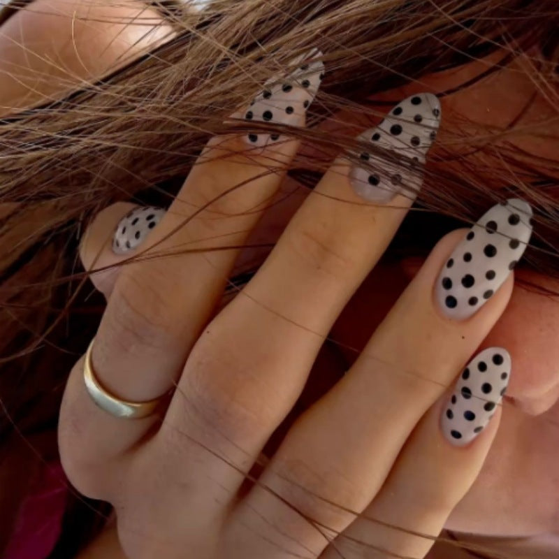 Chic Monochrome Elegance Long Almond Grey Polka Dot Press On Nail Set with Glossy Finish