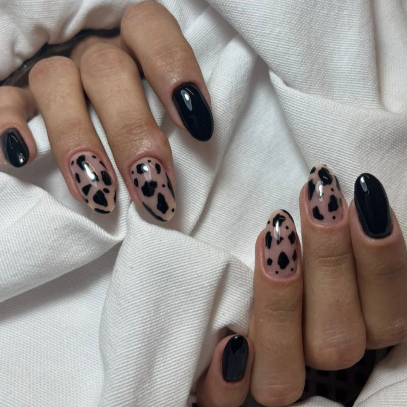 Savannah Chic Medium Almond Black and Beige Leopard Print Press-On Nail Set
