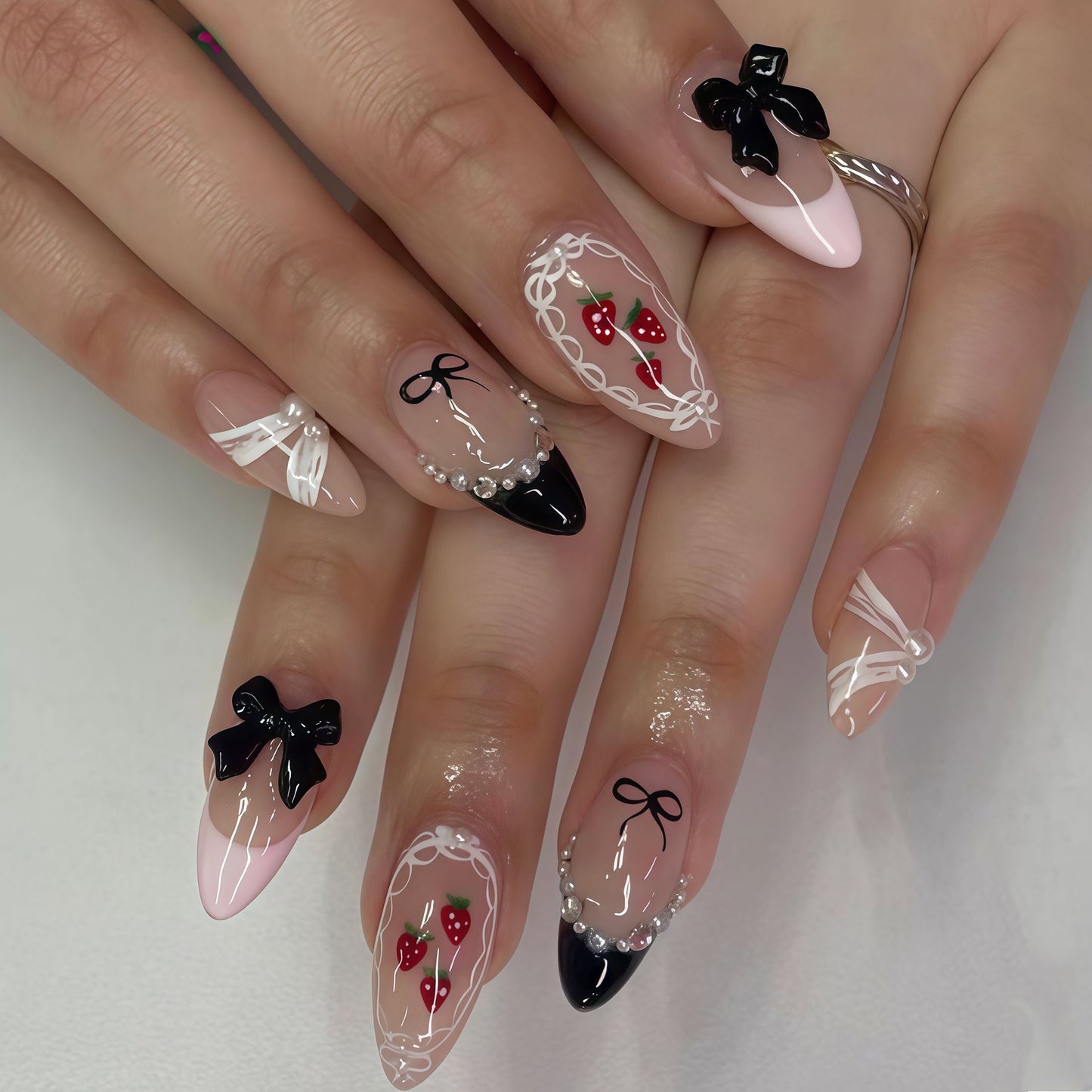 Chic Fairy Tale Long Almond Pink and Black with Charming Bow and Strawberry Art Press on Nail Set