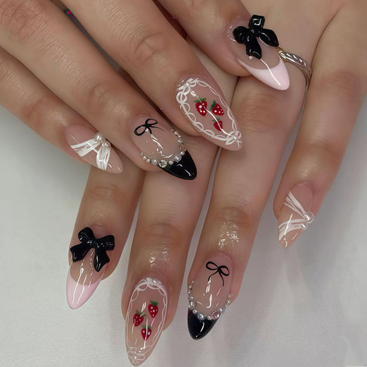 Chic Fairy Tale Long Almond Pink and Black with Charming Bow and Strawberry Art Press on Nail Set